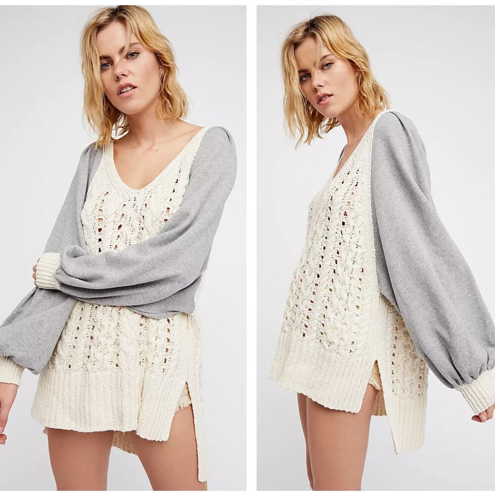 FREE PEOPLE Hideaway Cable Pullover Sweater Ivory Gray Sz XS/S $168 {229}